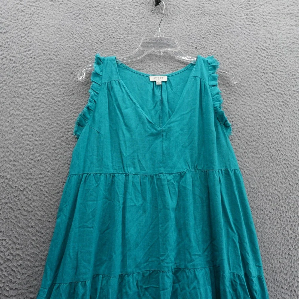 Umgee USA Tiered Midi‎ Dress Small Teal Linen Blend Sleeveless Ruffle Trim